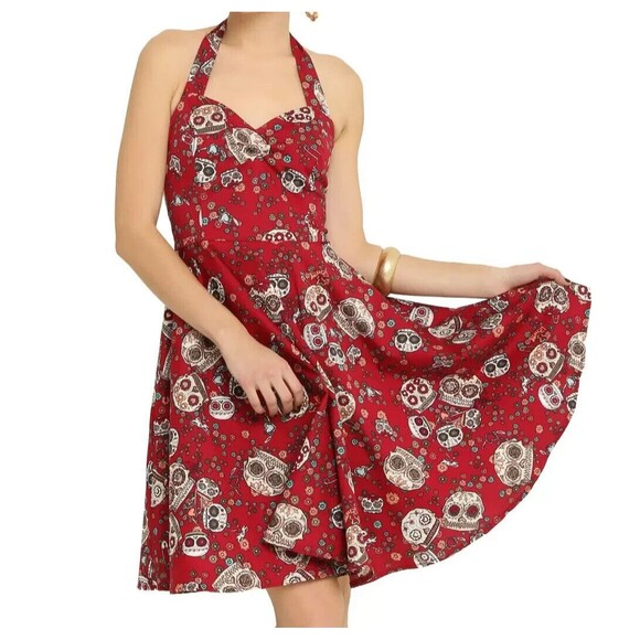 HELL BUNNY VIXEN Womens Dress Small Red Halter Fit Flare Skull Sundress JASMINE - Picture 1 of 14